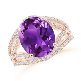 12x10mm AAAA Oval Amethyst Ornate Shank Cocktail Ring with Diamonds in Rose Gold