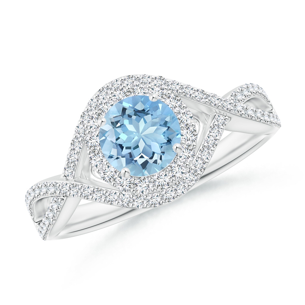 6mm AAAA Aquamarine Crossover Shank Cocktail Ring with Halo in P950 Platinum
