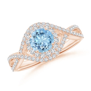 6mm AAAA Aquamarine Crossover Shank Cocktail Ring with Halo in Rose Gold
