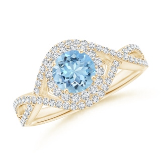 6mm AAAA Aquamarine Crossover Shank Cocktail Ring with Halo in Yellow Gold