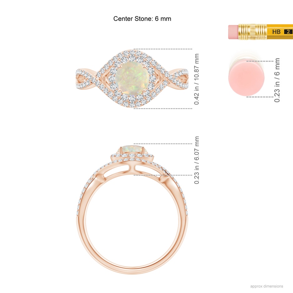 6mm AAA Opal Crossover Shank Cocktail Ring with Halo in Rose Gold ruler