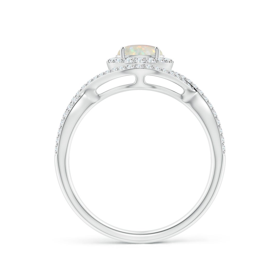 6mm AAA Opal Crossover Shank Cocktail Ring with Halo in White Gold - side 1