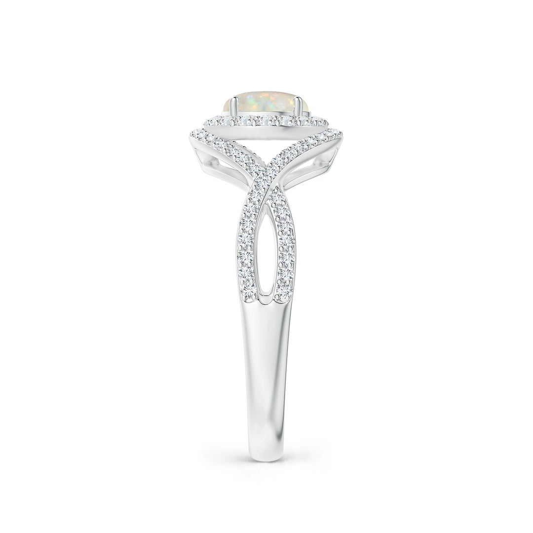 6mm AAA Opal Crossover Shank Cocktail Ring with Halo in White Gold - side 2