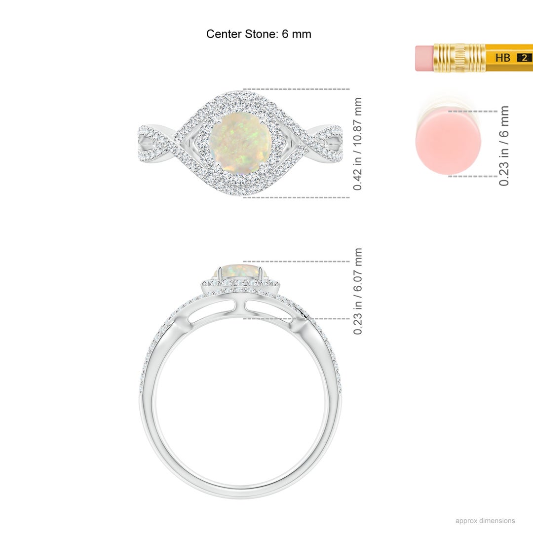 6mm AAA Opal Crossover Shank Cocktail Ring with Halo in White Gold - ruler
