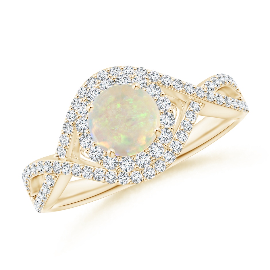 6mm AAA Opal Crossover Shank Cocktail Ring with Halo in Yellow Gold 