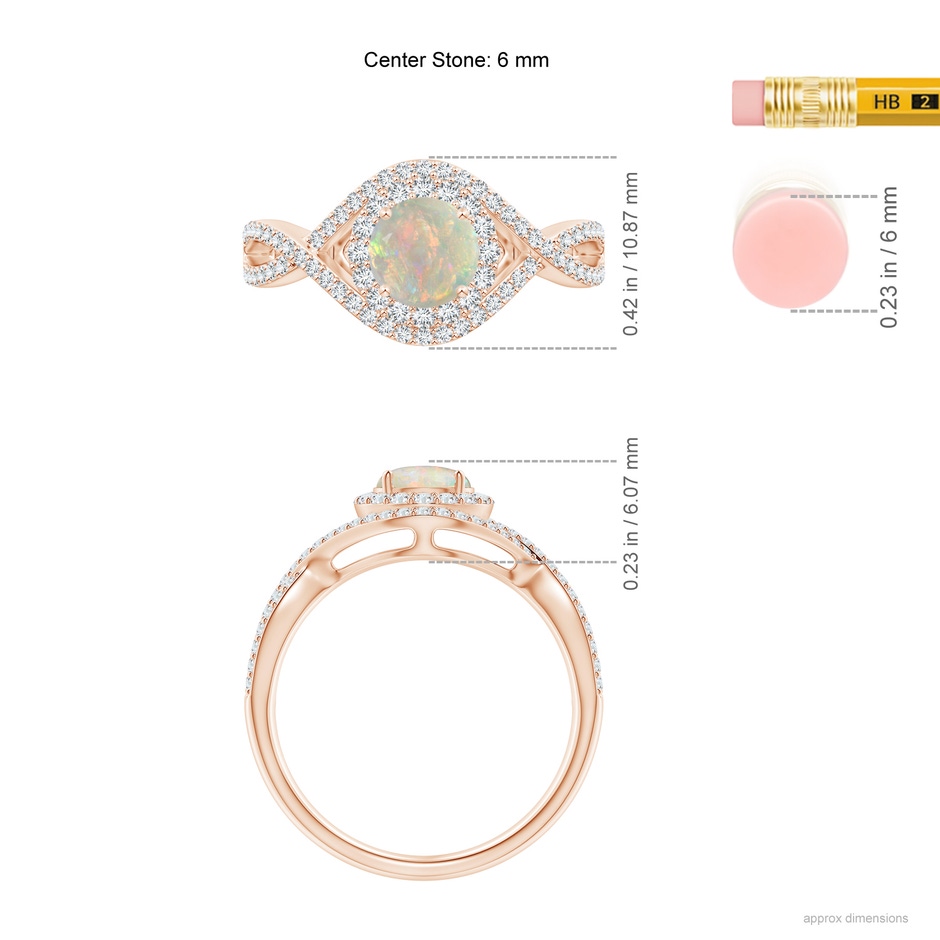 6mm AAAA Opal Crossover Shank Cocktail Ring with Halo in Rose Gold ruler