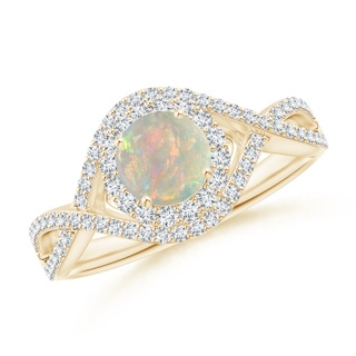 6mm AAAA Opal Crossover Shank Cocktail Ring with Halo in Yellow Gold