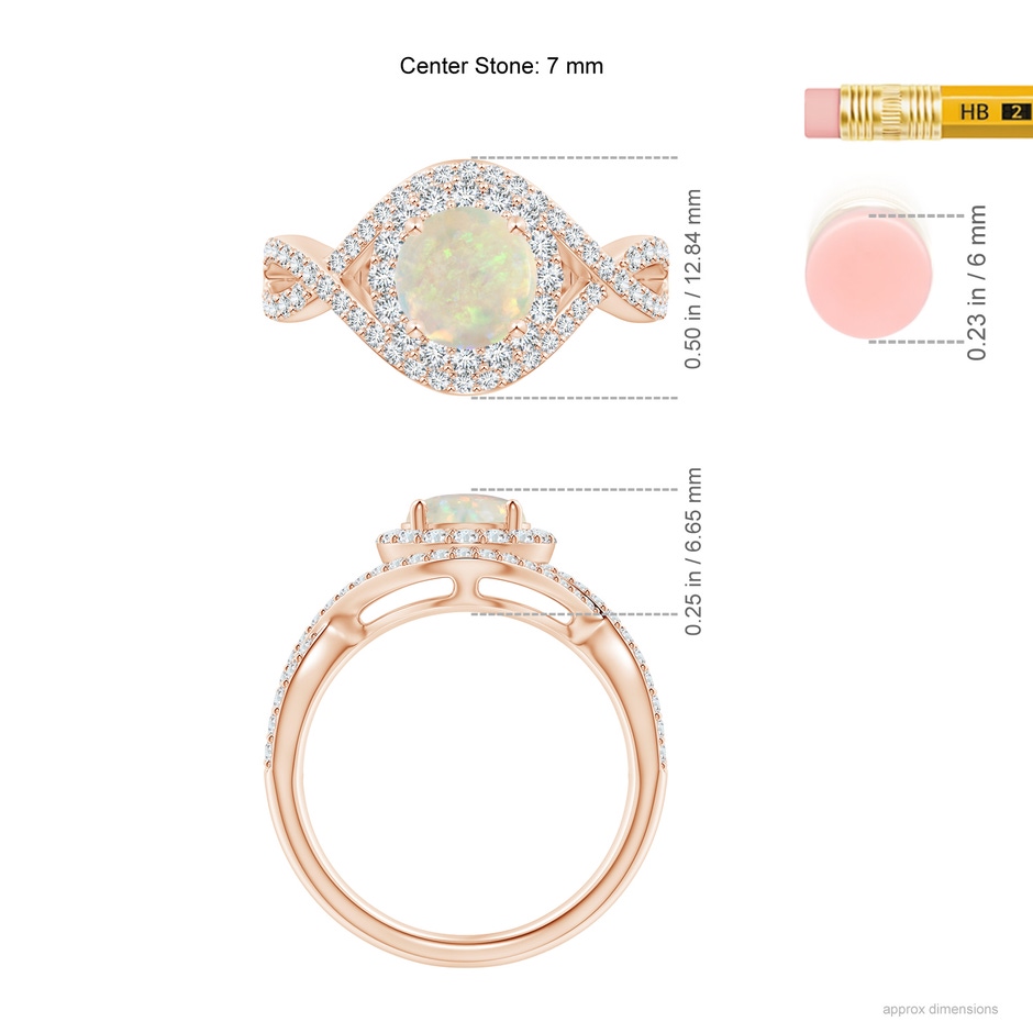 7mm AAA Opal Crossover Shank Cocktail Ring with Halo in Rose Gold ruler