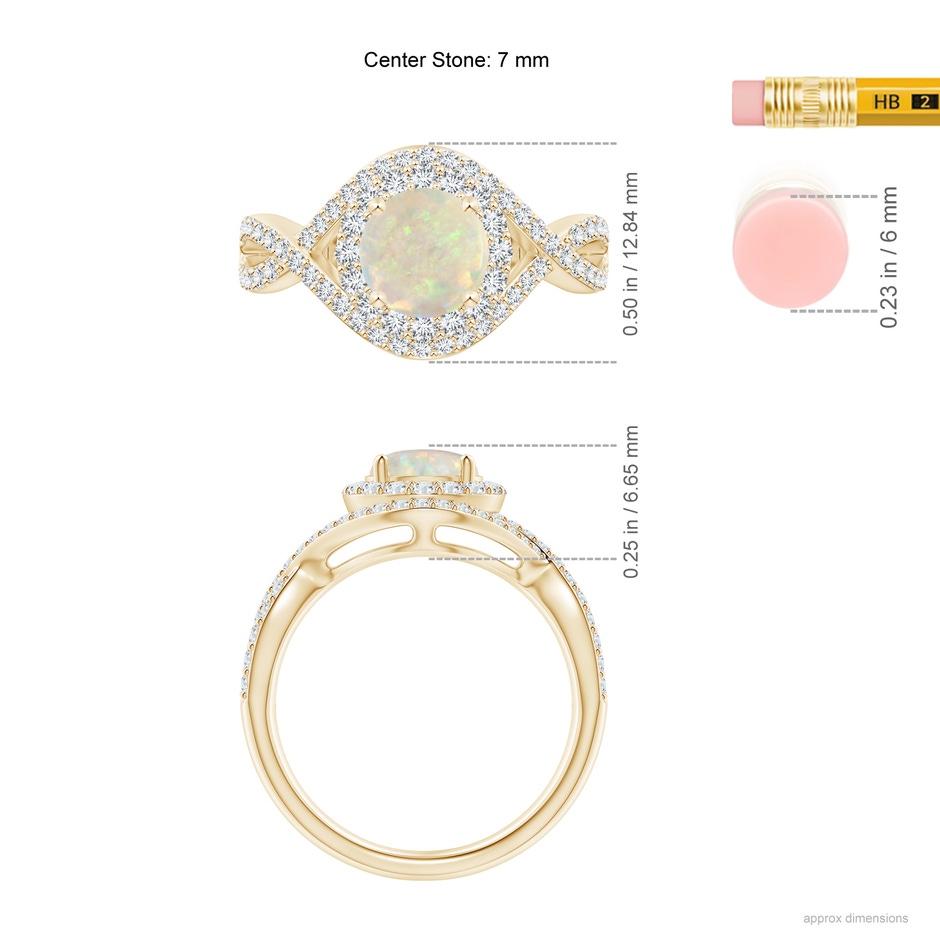 7mm AAA Opal Crossover Shank Cocktail Ring with Halo in Yellow Gold ruler
