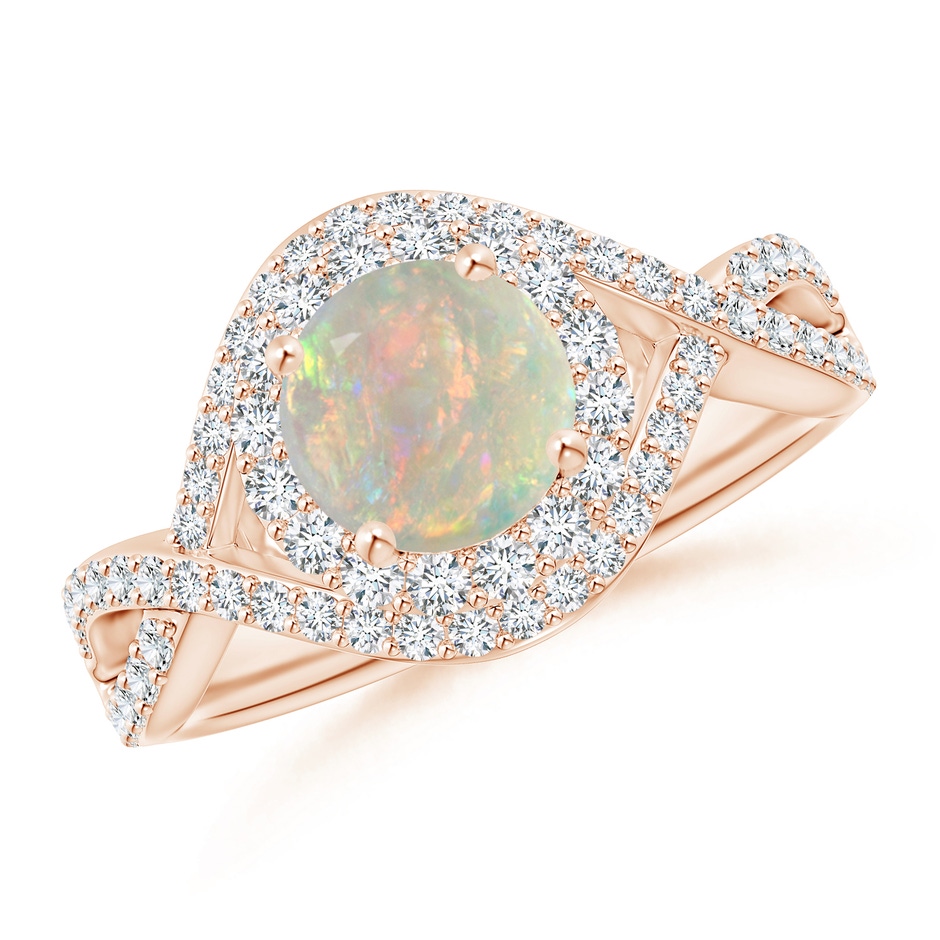 7mm AAAA Opal Crossover Shank Cocktail Ring with Halo in Rose Gold 