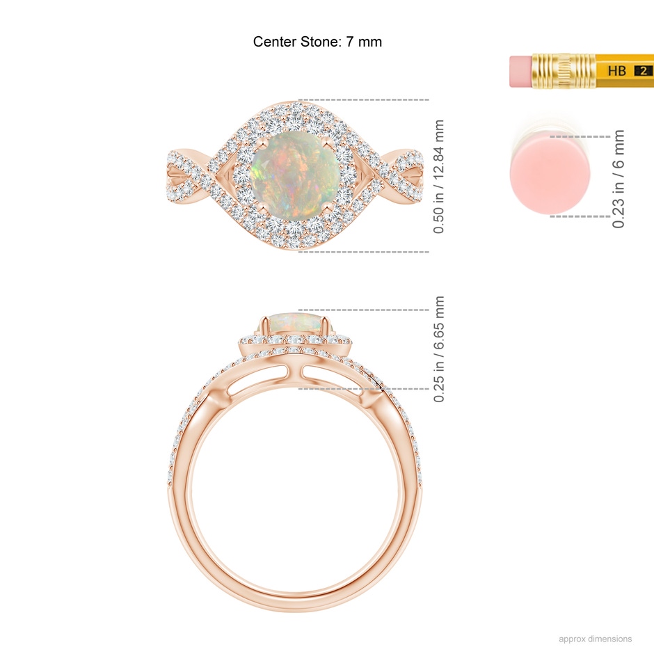 7mm AAAA Opal Crossover Shank Cocktail Ring with Halo in Rose Gold ruler