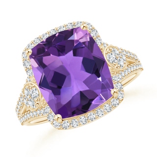 12x10mm AAA Cushion Amethyst Split Shank Cocktail Ring with Pear Motif in Yellow Gold