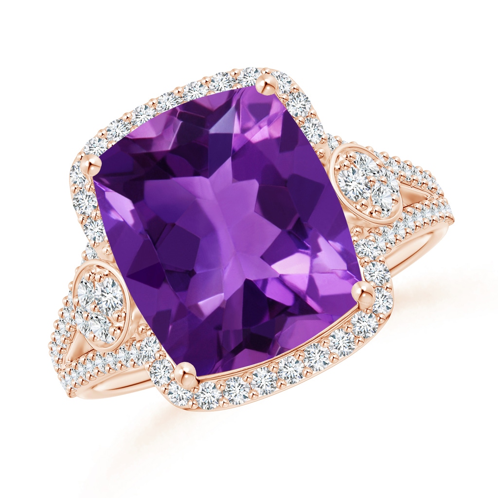 12x10mm AAAA Cushion Amethyst Split Shank Cocktail Ring with Pear Motif in Rose Gold