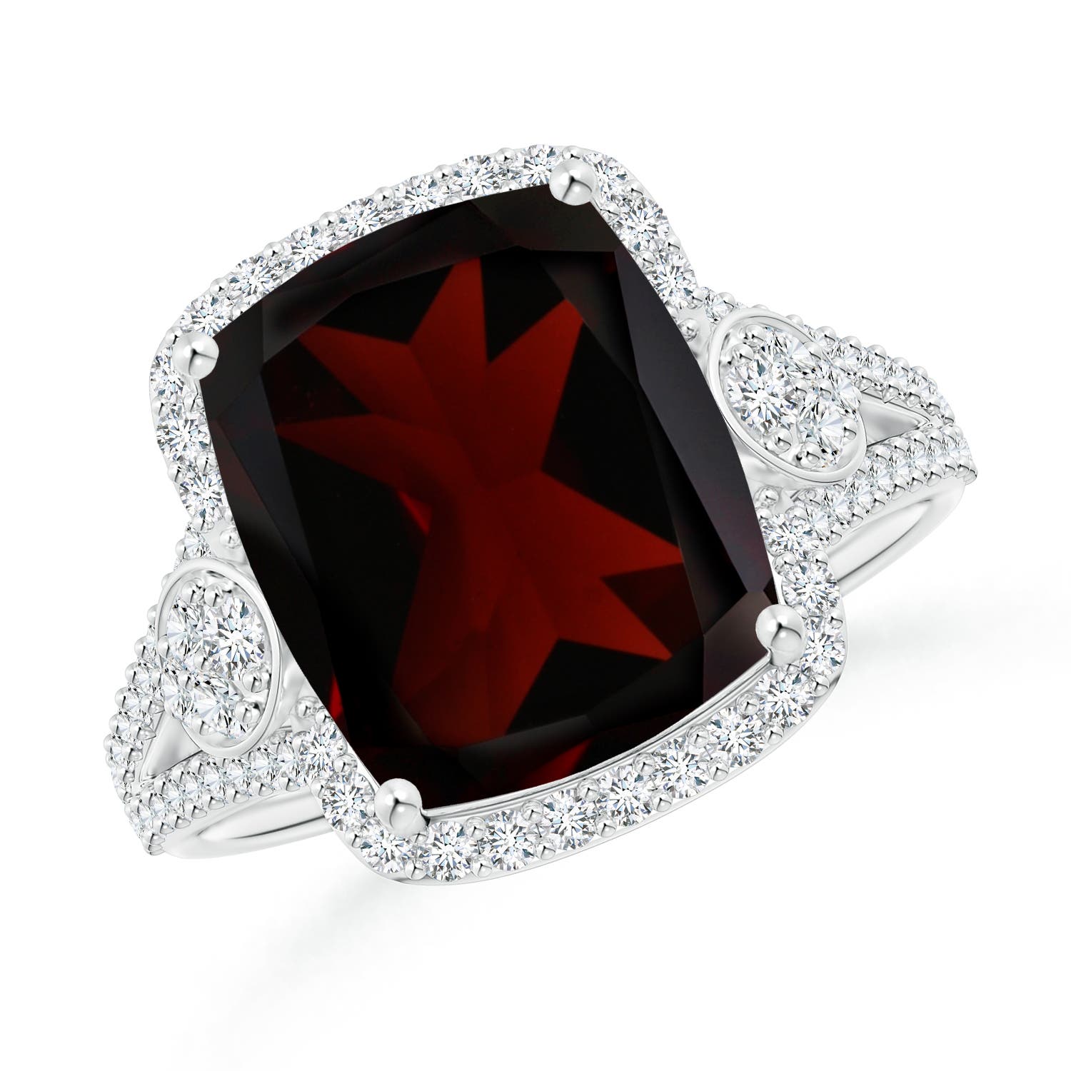 12x10mm A Cushion Garnet Split Shank Cocktail Ring with Pear Motif in P950 Platinum