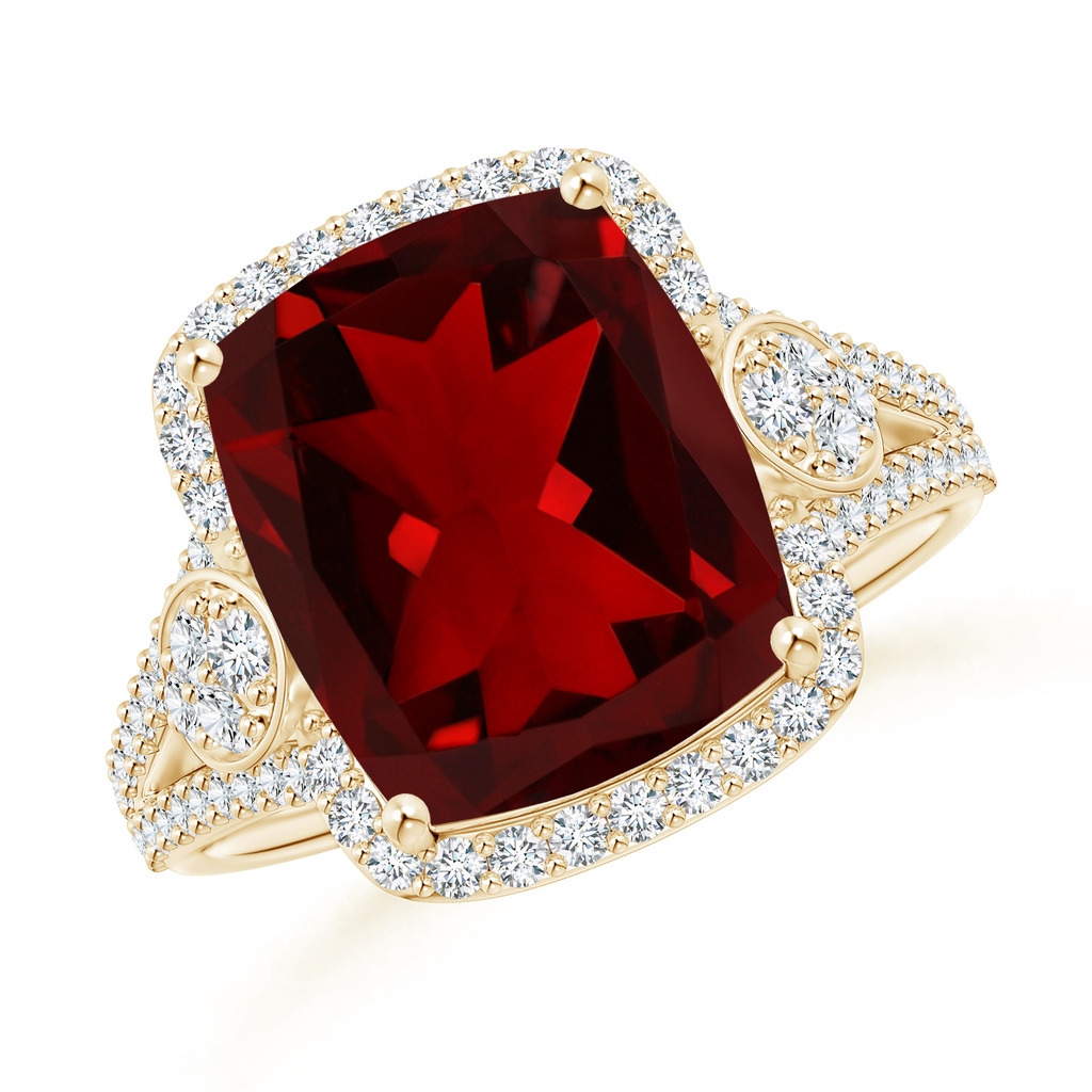 12x10mm AAAA Cushion Garnet Split Shank Cocktail Ring with Pear Motif in Yellow Gold