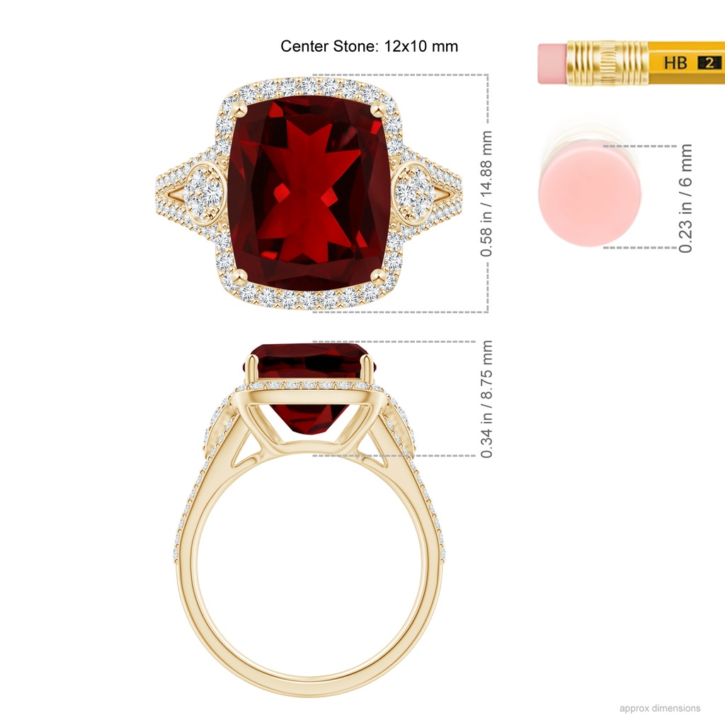 12x10mm AAAA Cushion Garnet Split Shank Cocktail Ring with Pear Motif in Yellow Gold Ruler