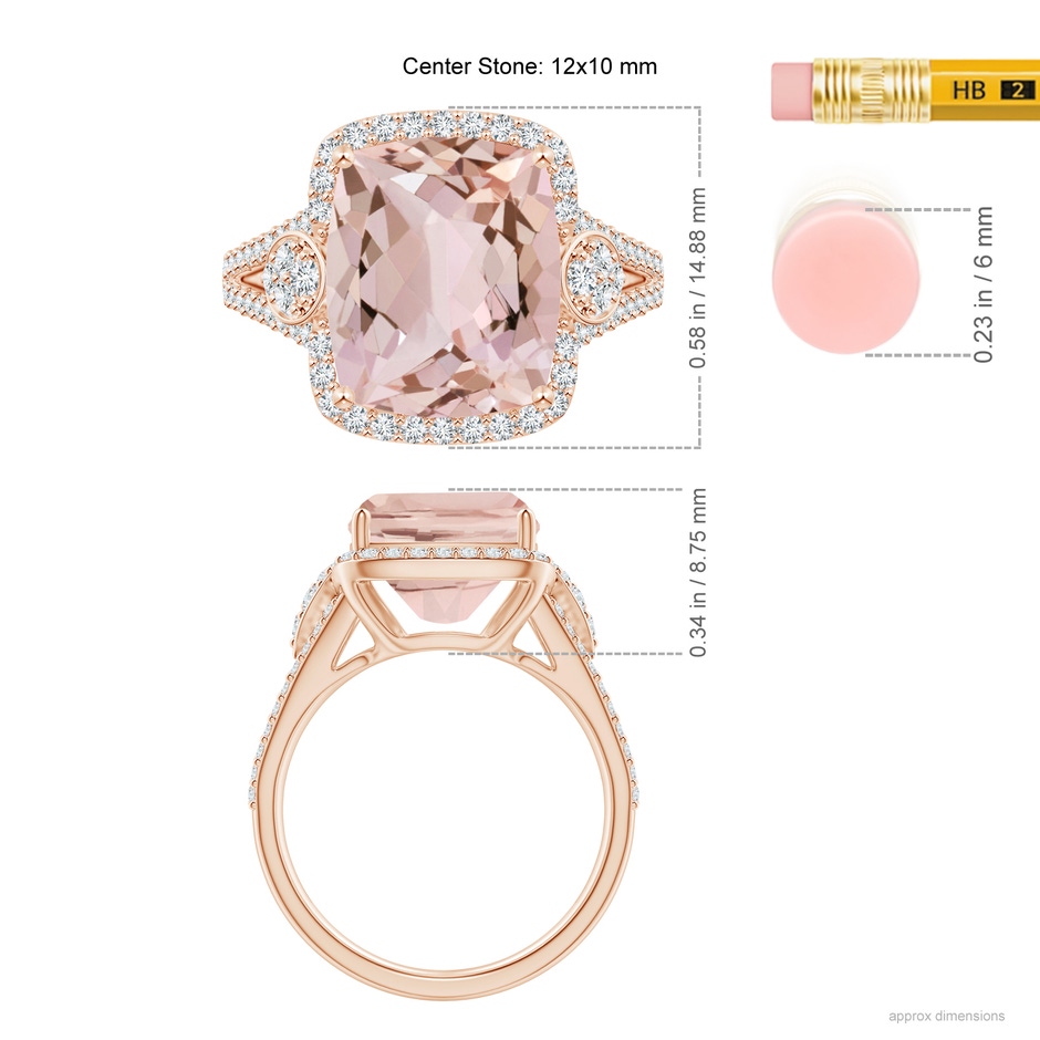 12x10mm AA Cushion Morganite Split Shank Cocktail Ring with Pear Motif in Rose Gold ruler