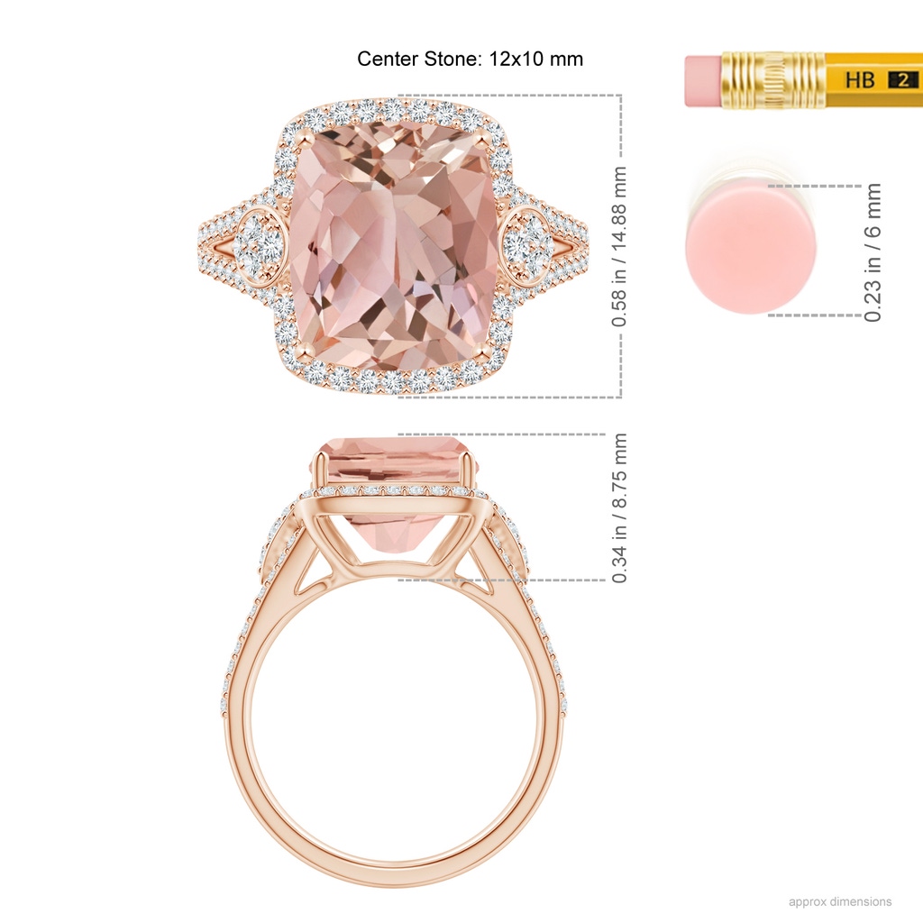 12x10mm AAAA Cushion Morganite Split Shank Cocktail Ring with Pear Motif in Rose Gold Ruler