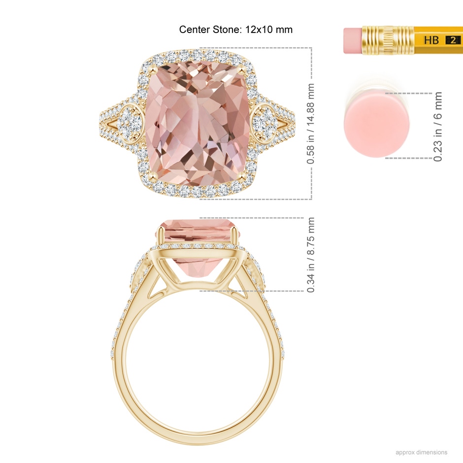12x10mm AAAA Cushion Morganite Split Shank Cocktail Ring with Pear Motif in Yellow Gold ruler