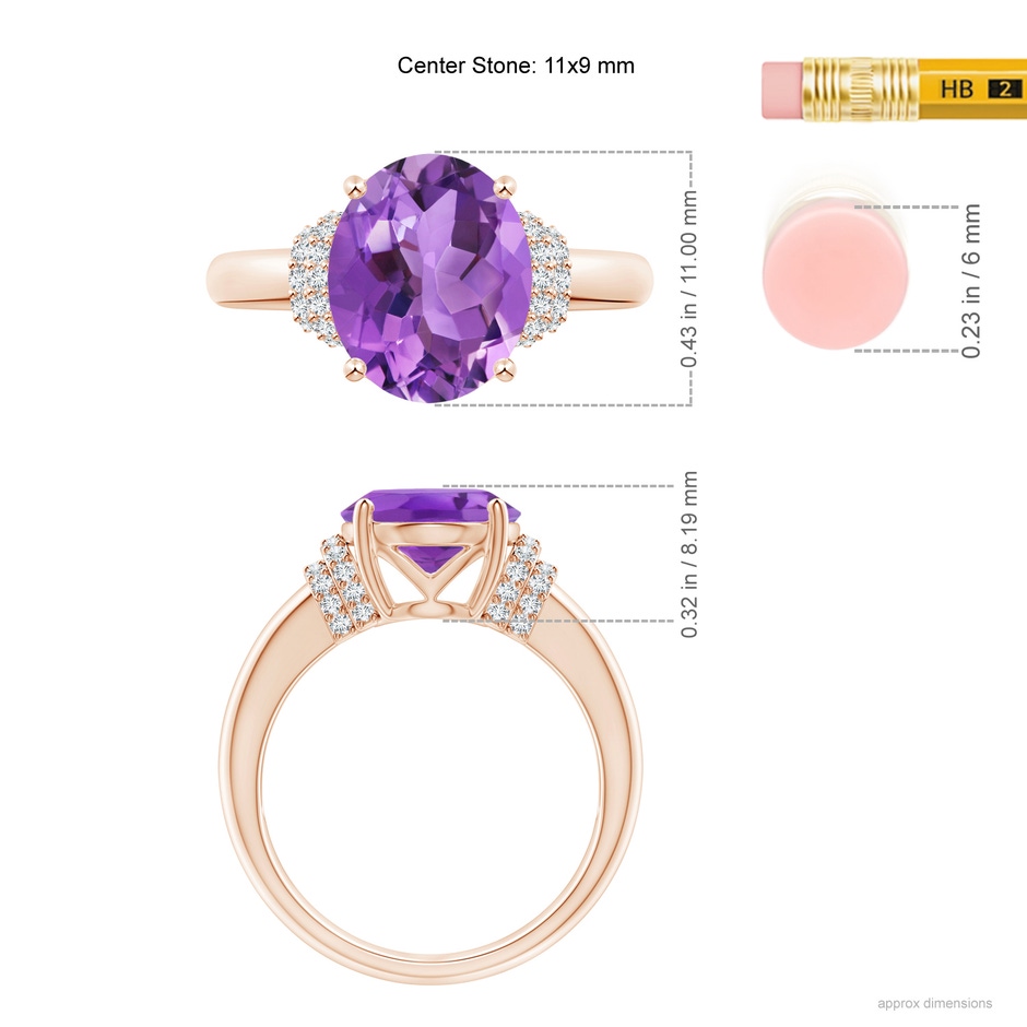 11x9mm AA Oval Amethyst Cocktail Ring with Diamond Accents in Rose Gold ruler