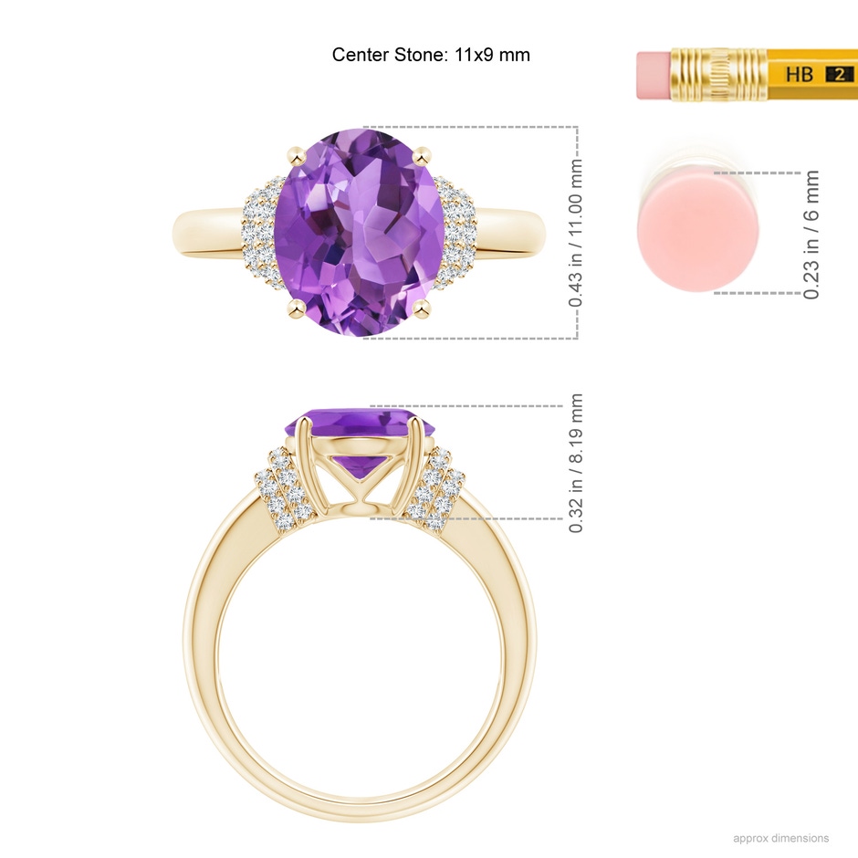 11x9mm AA Oval Amethyst Cocktail Ring with Diamond Accents in Yellow Gold ruler