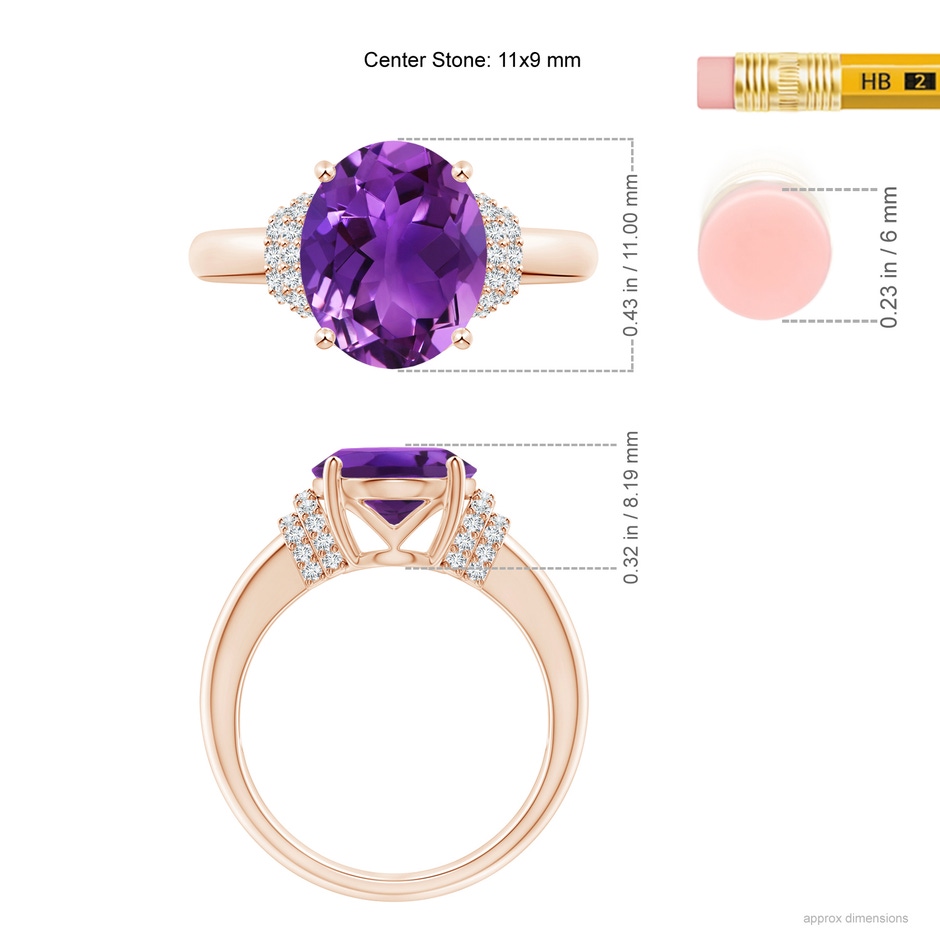 11x9mm AAAA Oval Amethyst Cocktail Ring with Diamond Accents in Rose Gold ruler