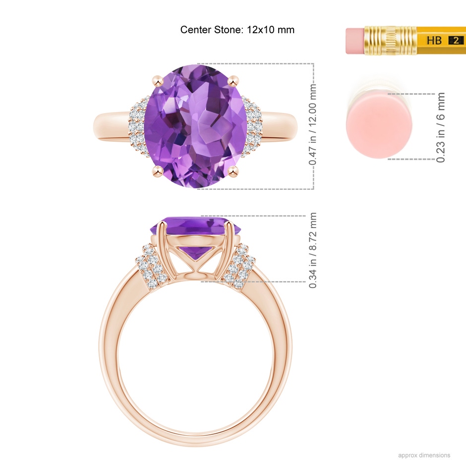 12x10mm AA Oval Amethyst Cocktail Ring with Diamond Accents in Rose Gold ruler