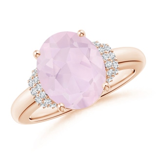 11x9mm A Oval Rose Quartz Cocktail Ring with Diamond Accents in Rose Gold