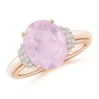 11x9mm AA Oval Rose Quartz Cocktail Ring with Diamond Accents in Rose Gold