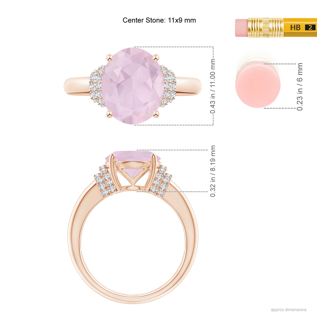 11x9mm AA Oval Rose Quartz Cocktail Ring with Diamond Accents in Rose Gold Ruler