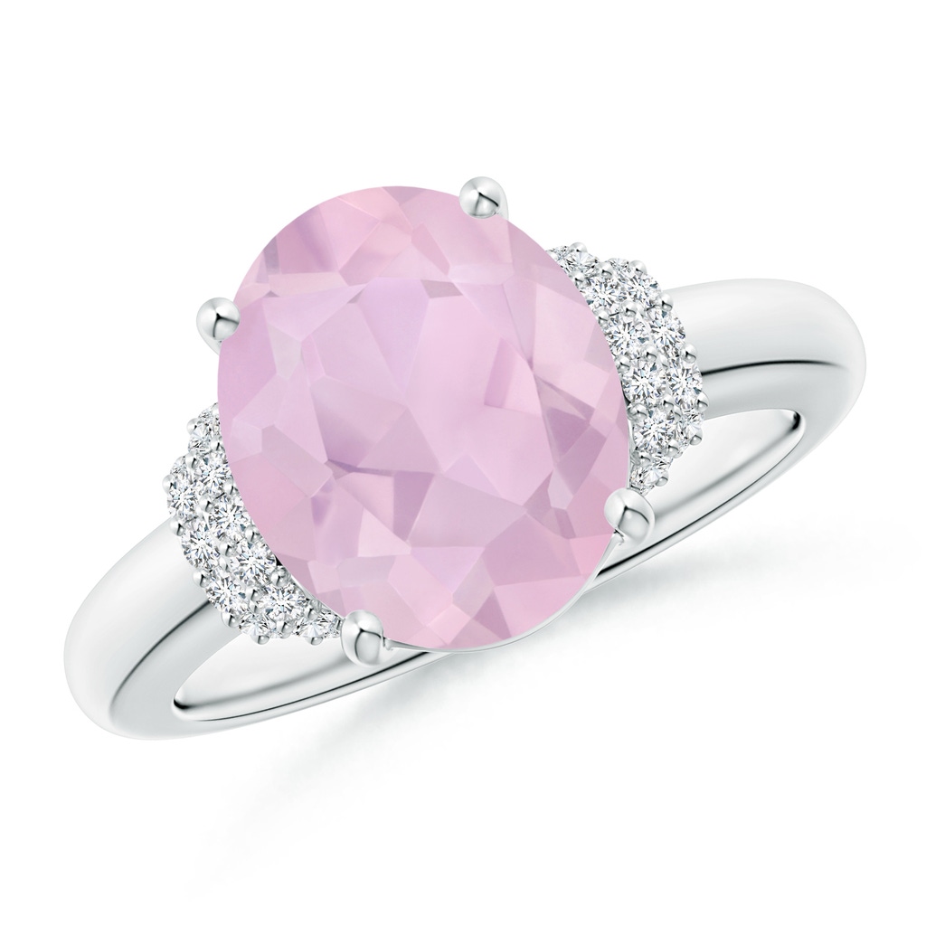 11x9mm AAA Oval Rose Quartz Cocktail Ring with Diamond Accents in White Gold
