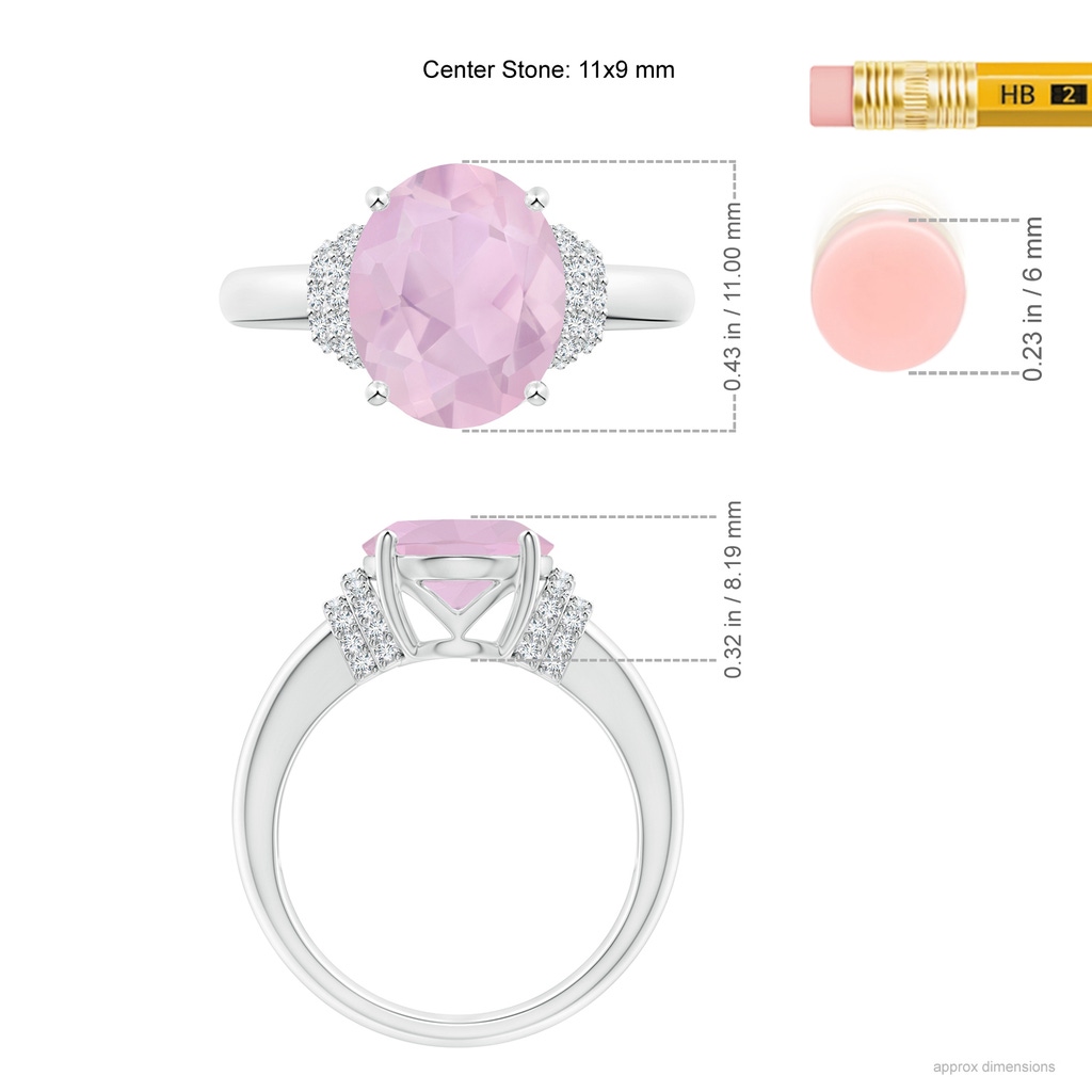 11x9mm AAA Oval Rose Quartz Cocktail Ring with Diamond Accents in White Gold Ruler
