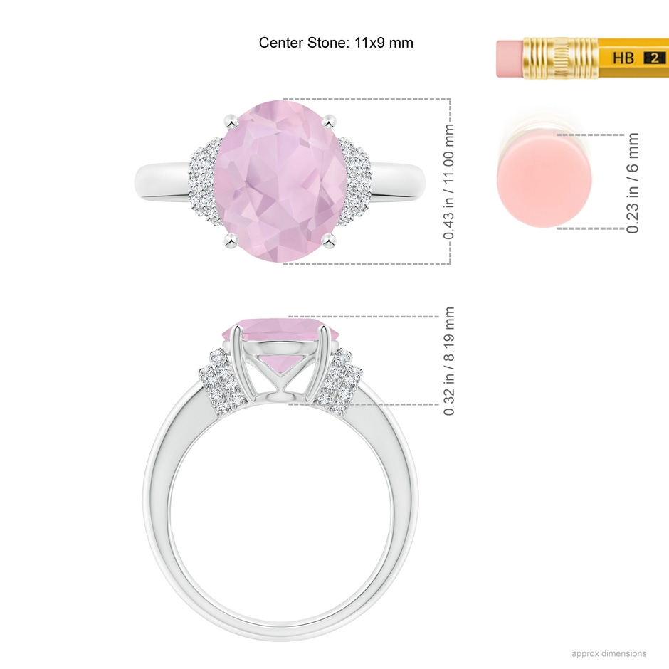 11x9mm AAA Oval Rose Quartz Cocktail Ring with Diamond Accents in White Gold ruler