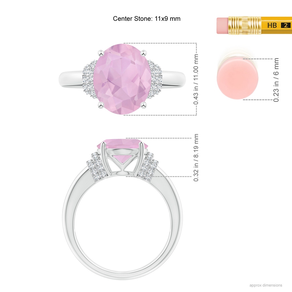 11x9mm AAAA Oval Rose Quartz Cocktail Ring with Diamond Accents in P950 Platinum Ruler