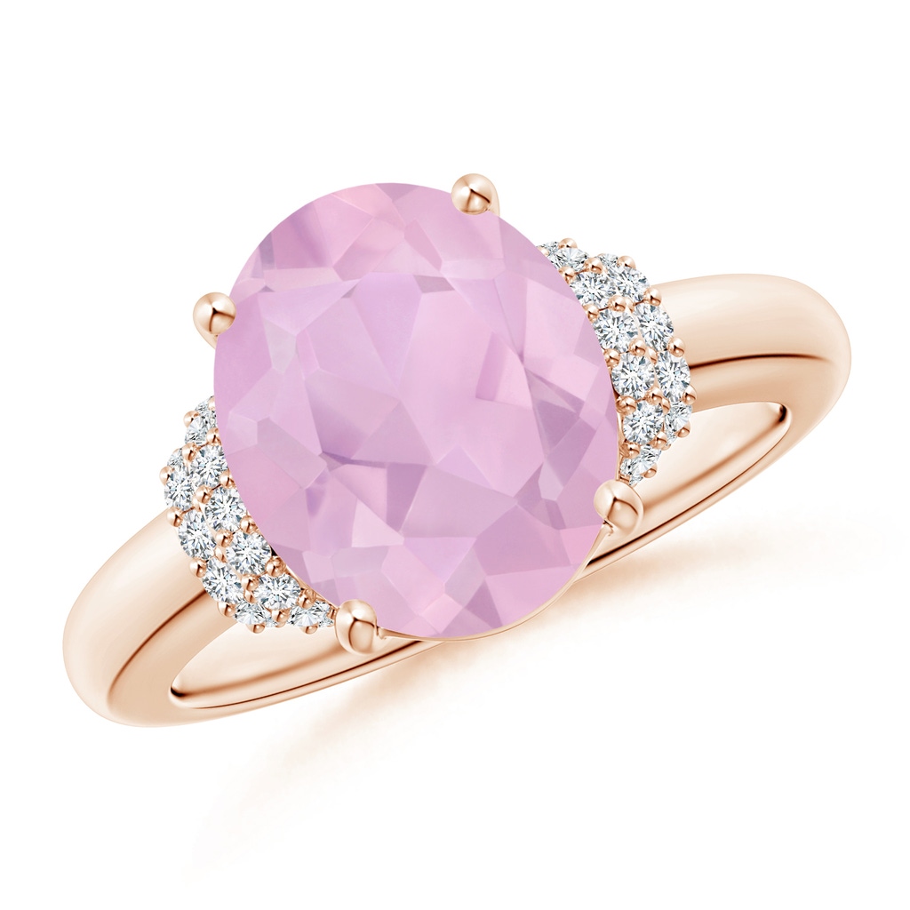 11x9mm AAAA Oval Rose Quartz Cocktail Ring with Diamond Accents in Rose Gold
