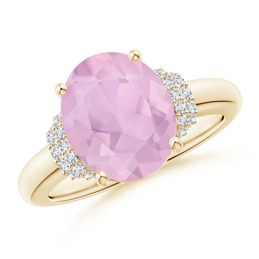 11x9mm AAAA Oval Rose Quartz Cocktail Ring with Diamond Accents in Yellow Gold