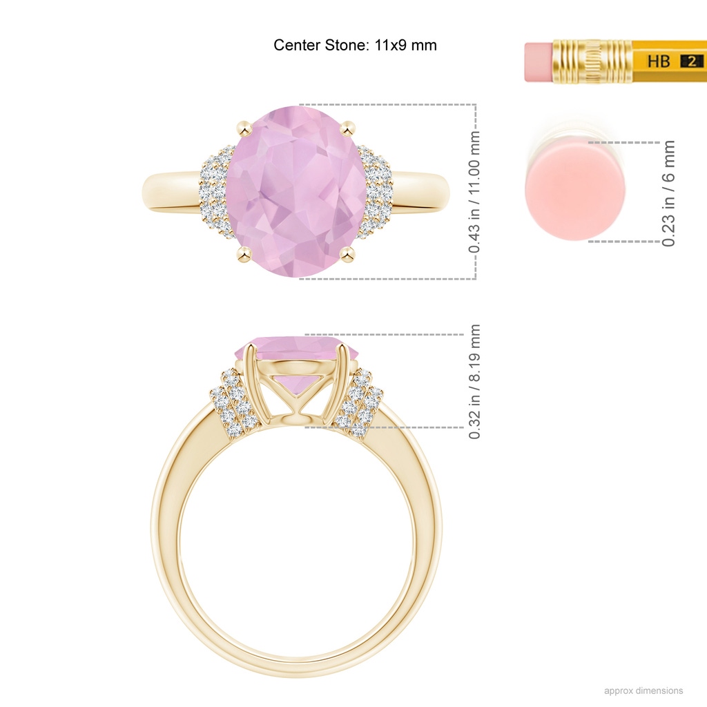 11x9mm AAAA Oval Rose Quartz Cocktail Ring with Diamond Accents in Yellow Gold Ruler