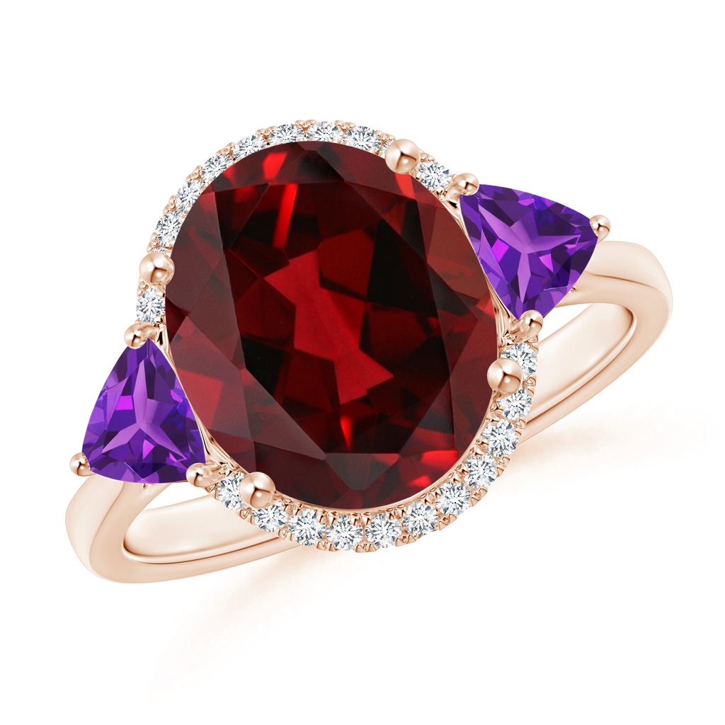 11x9mm AAAA Oval Garnet & Trillion Amethyst Cocktail Ring in Rose Gold