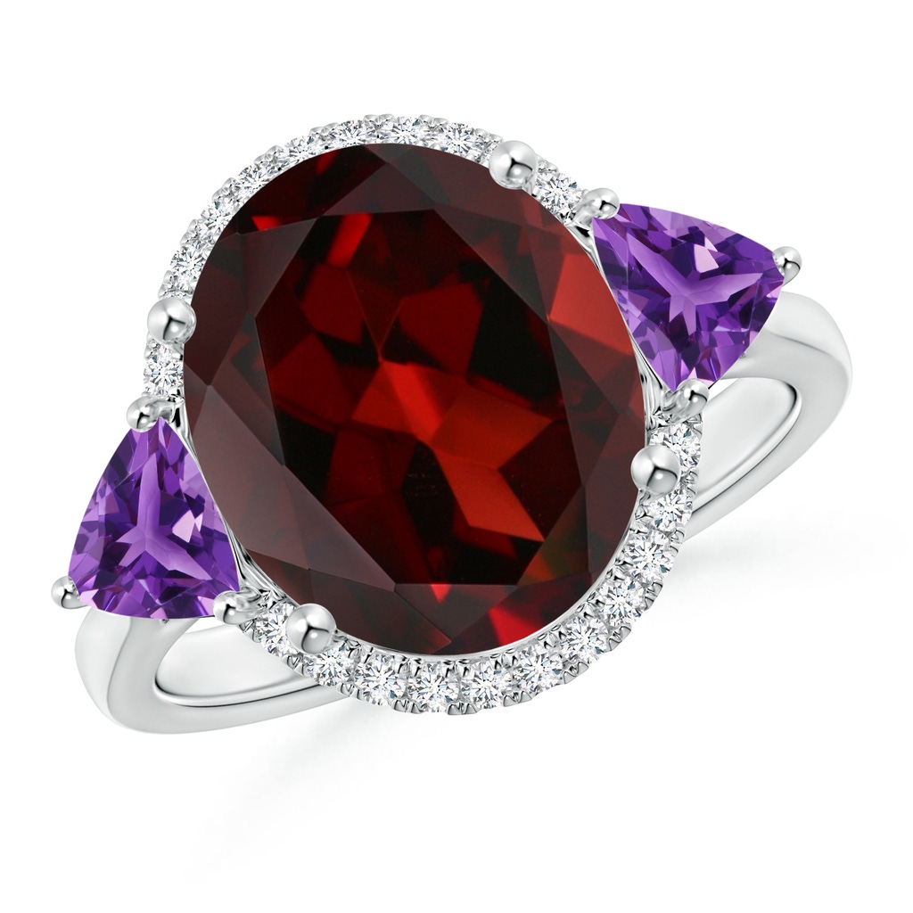 12x10mm AAA Oval Garnet & Trillion Amethyst Cocktail Ring in White Gold