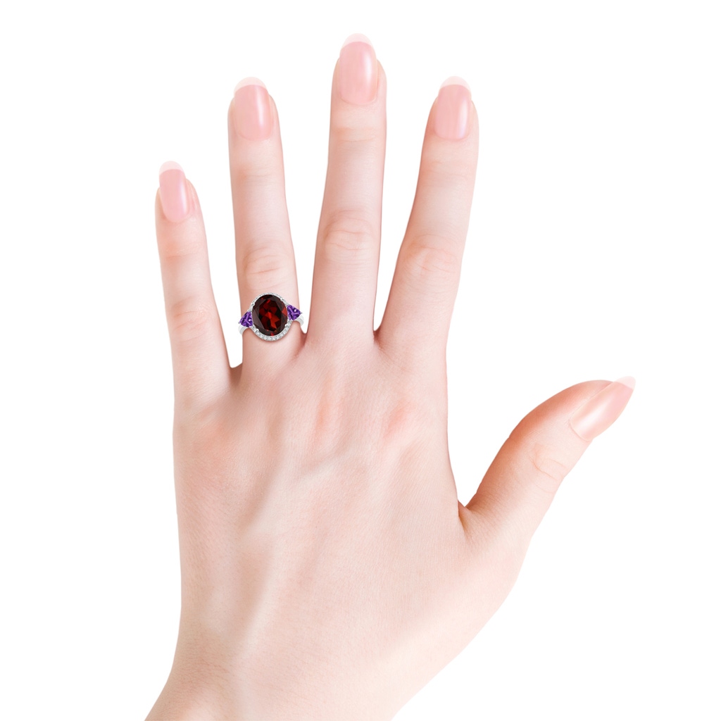 12x10mm AAA Oval Garnet & Trillion Amethyst Cocktail Ring in White Gold Body-Hand