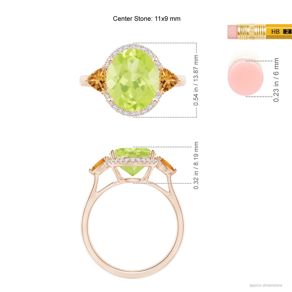 11x9mm A Oval Peridot & Trillion Citrine Cocktail Ring in Rose Gold ruler