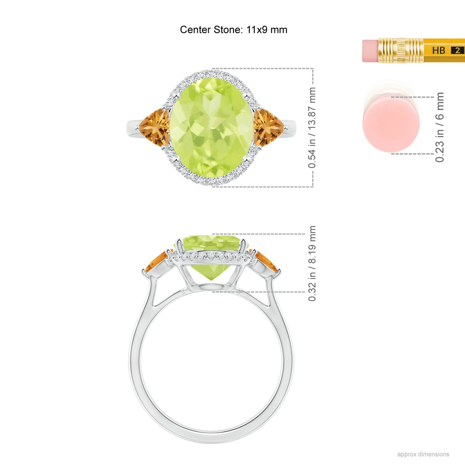 11x9mm A Oval Peridot & Trillion Citrine Cocktail Ring in White Gold ruler