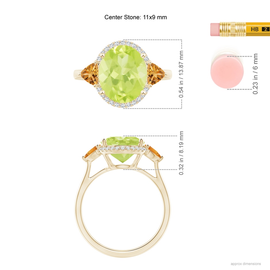 11x9mm A Oval Peridot & Trillion Citrine Cocktail Ring in Yellow Gold ruler
