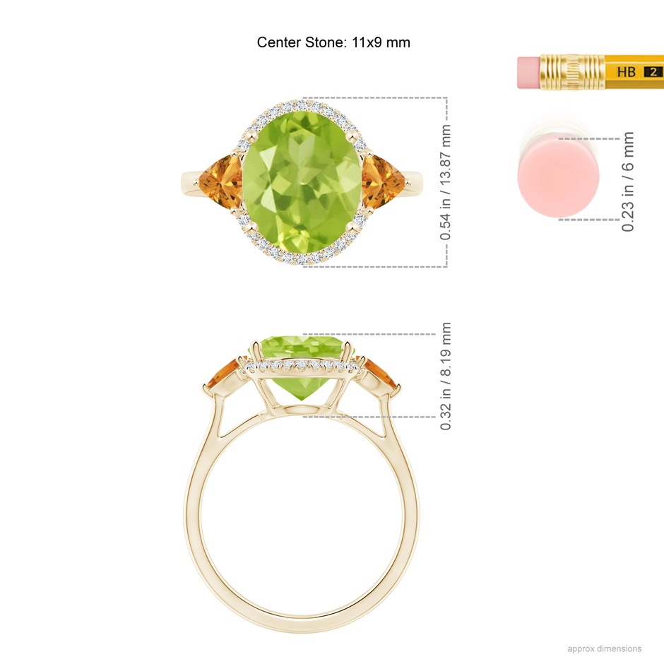 11x9mm AA Oval Peridot & Trillion Citrine Cocktail Ring in Yellow Gold ruler