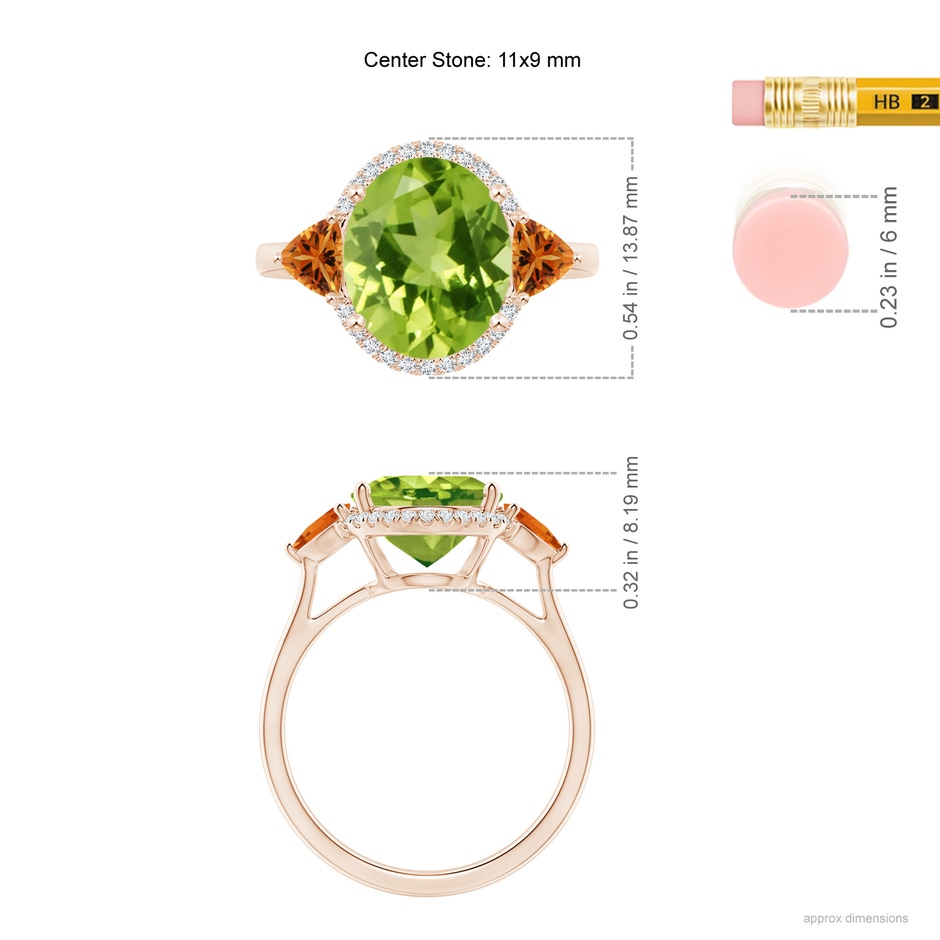 11x9mm AAA Oval Peridot & Trillion Citrine Cocktail Ring in Rose Gold ruler