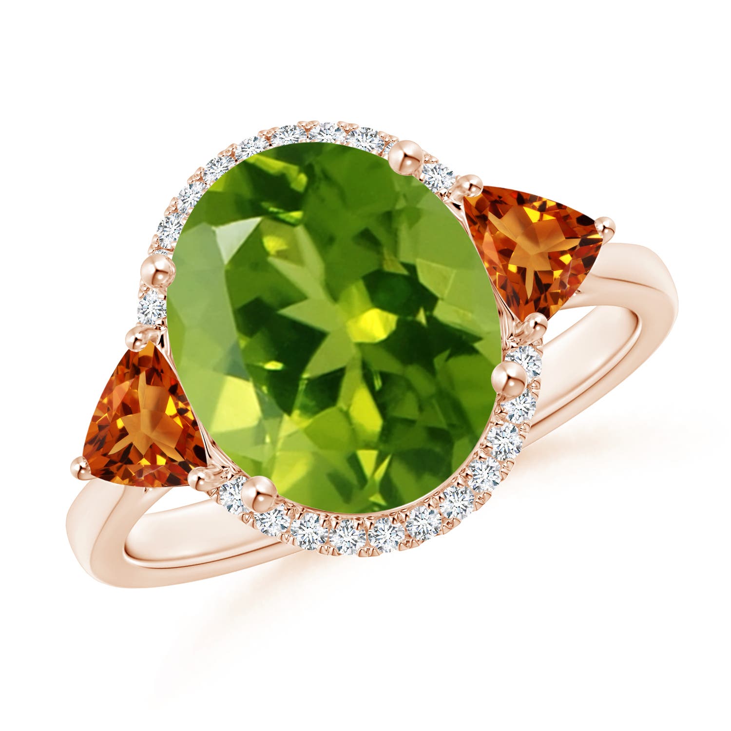 11x9mm AAAA Oval Peridot & Trillion Citrine Cocktail Ring in 18K Rose Gold