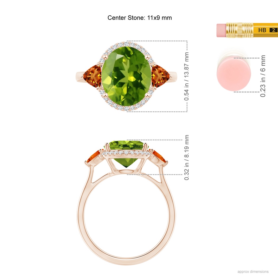 11x9mm AAAA Oval Peridot & Trillion Citrine Cocktail Ring in Rose Gold ruler