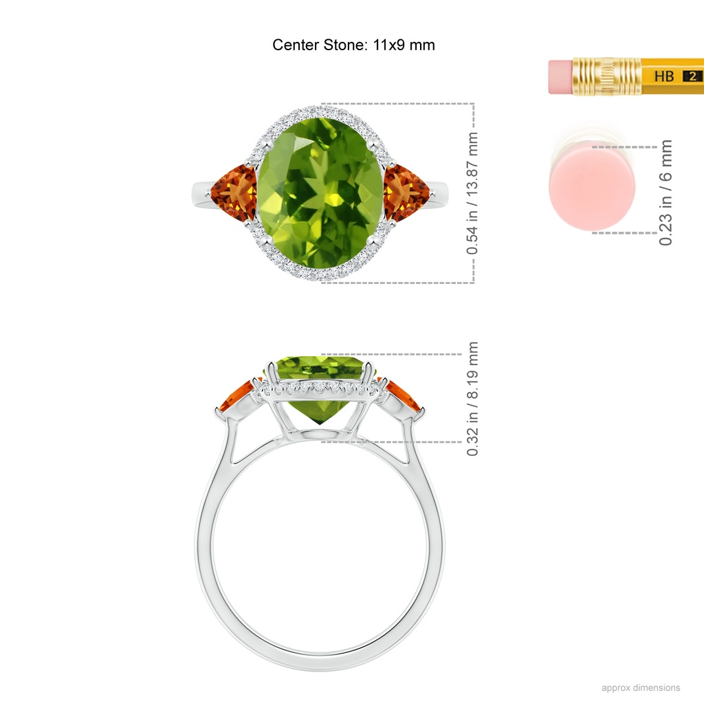 11x9mm AAAA Oval Peridot & Trillion Citrine Cocktail Ring in White Gold Ruler