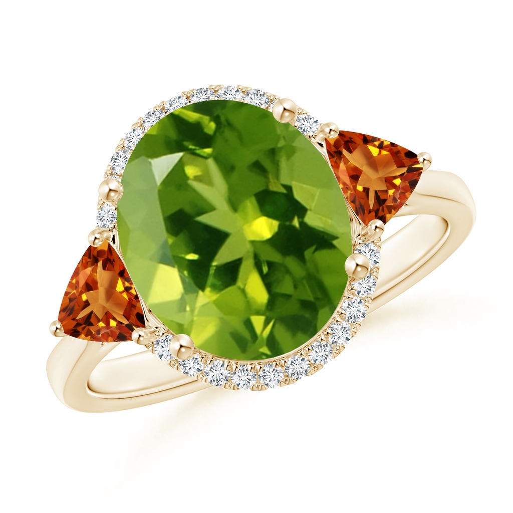 11x9mm AAAA Oval Peridot & Trillion Citrine Cocktail Ring in Yellow Gold