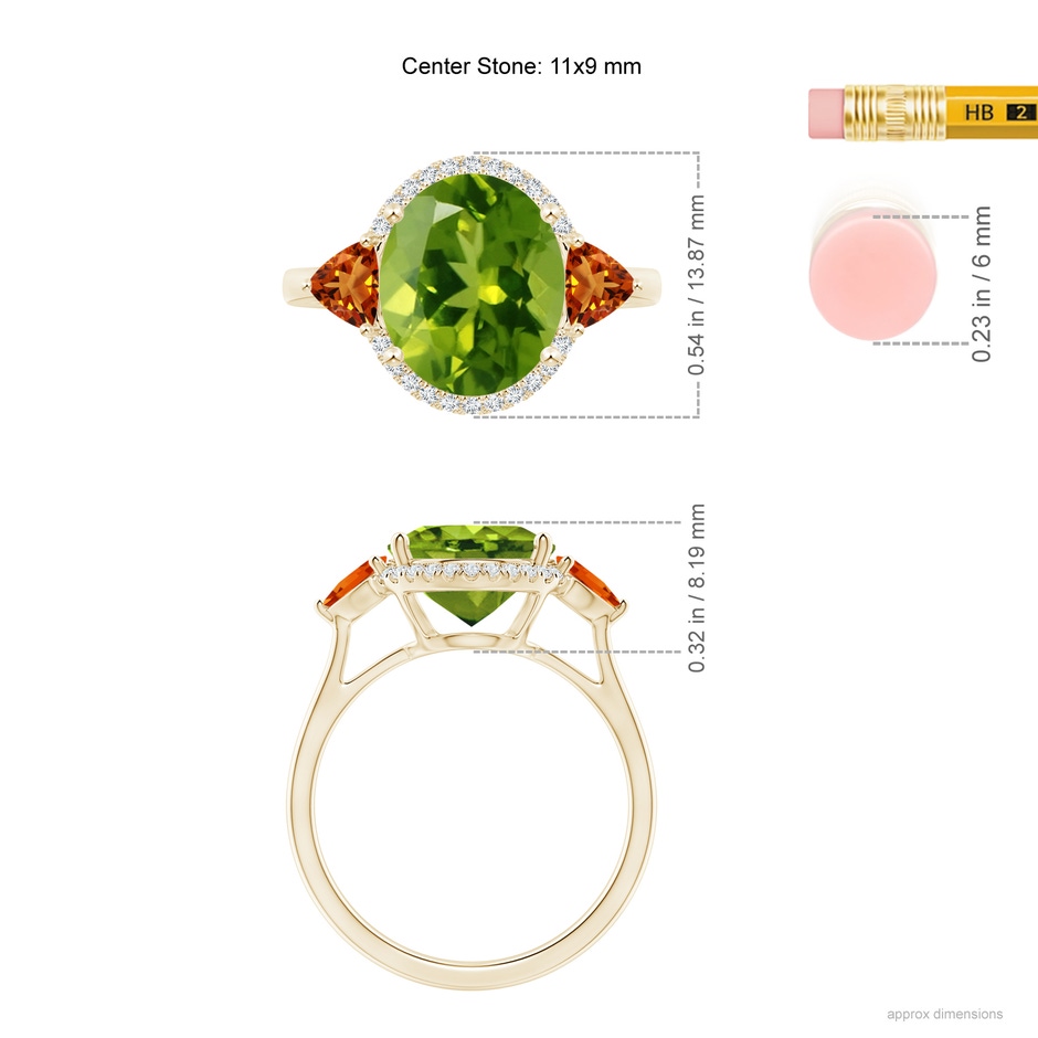 11x9mm AAAA Oval Peridot & Trillion Citrine Cocktail Ring in Yellow Gold ruler